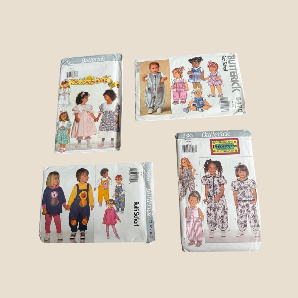 Butterick Vintage Sewing Patterns Lot 4 Uncut Childrens Jumpsuit Dress 90s Mixed